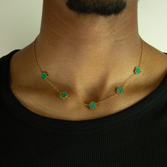 Five Leaf Flower Necklace- Gold Green