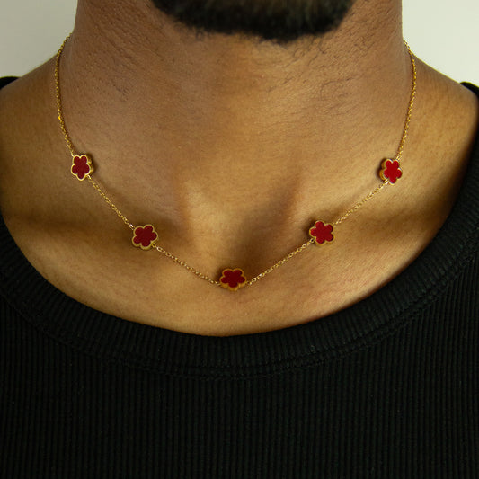 Five Leaf Flower Necklace-  Gold Red